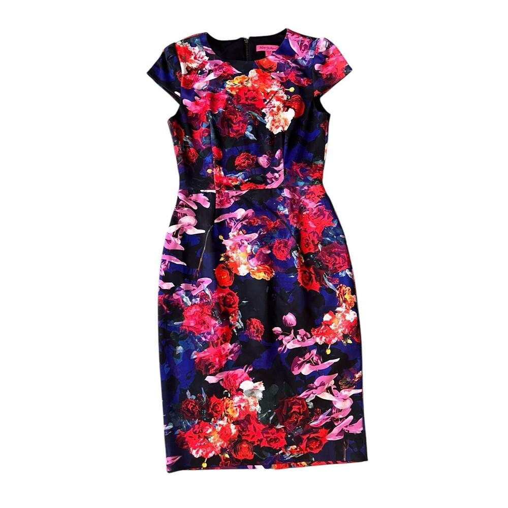 Betsey Johnson Womens Multicolored Floral Cap Sleeve Midi Sheath Dress Size 4